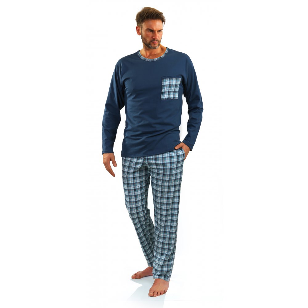 Piżama męska długa 06 Jeans kratka bawełniana