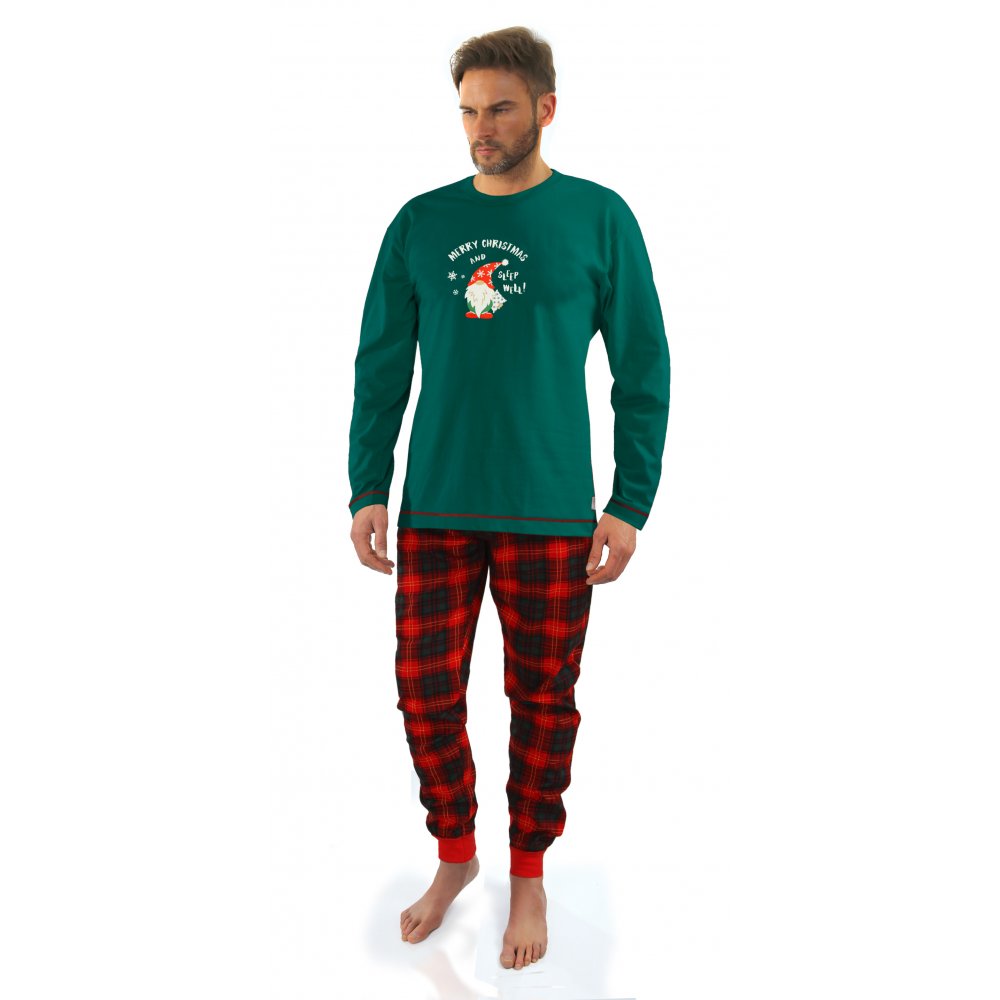 Piżama męska świąteczna długa bawełniana 2576 Skrzat Zielona