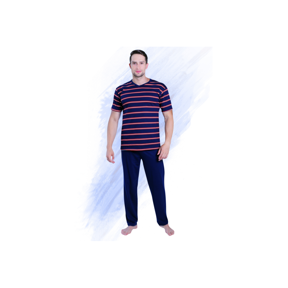 Piżama męska w paski KRÓTKI RĘKAW, DŁUGIE SPODNIE Granatowy