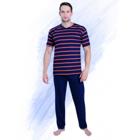 Piżama męska w paski KRÓTKI RĘKAW, DŁUGIE SPODNIE Granatowy
