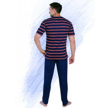 Piżama męska w paski KRÓTKI RĘKAW, DŁUGIE SPODNIE Granatowy